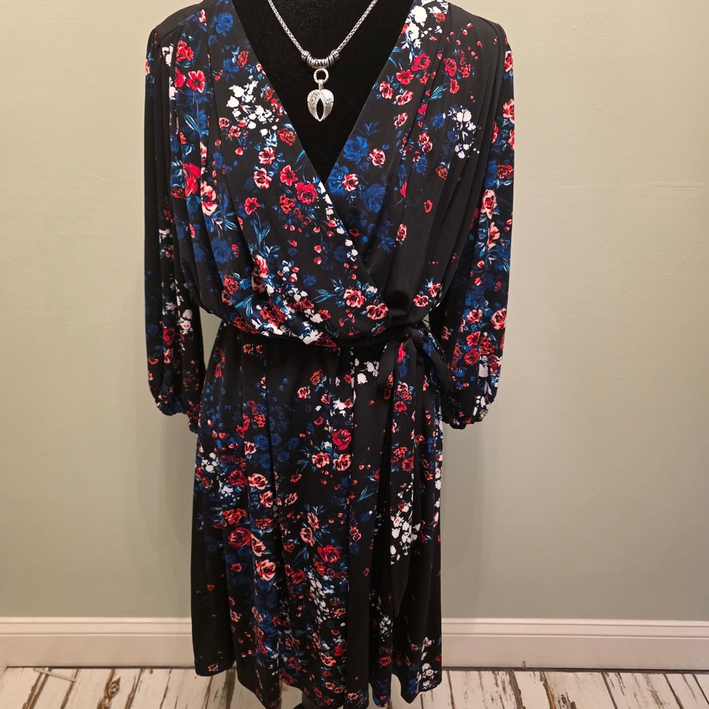 DKNY Women Black Floral Faux Wrap Midi Dress Long Sleeve Belted Size 12 NWT